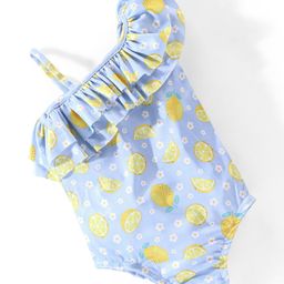 Babyhug Sleeveless One Shoulder V Cut Swimsuit Lemon Print - Blue-image-6