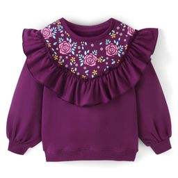 Pine Kids 100% Cotton Knit Full Sleeves Sweatshirt with Ruffle Neck Floral Print - Violet-image-35
