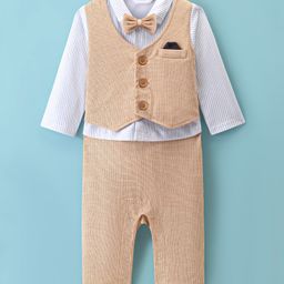Mark & Mia Full Sleeves Full Length Party Romper with Bow Solid Colour - Beige-image-69