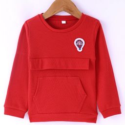 Olio Kids Cotton Knit Full Sleeves Winter Wear T-Shirt with Kangaroo Pocket & Hot Air Balloon Patch - Red-21