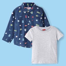 Babyhug Cotton Knit Full Sleeves Text Printed Shirt with Half Sleeves T-Shirt - Navy Blue-image-59