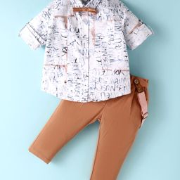 ToffyHouse 100% Cotton Knit Full Sleeves Text Printed Shirt Trouser with Bow & Suspender - Tan-image-41