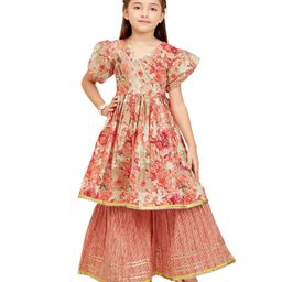 Teentaare Cotton Half Sleeves Kurta & Gharara Set Floral Print - Orange-image-78