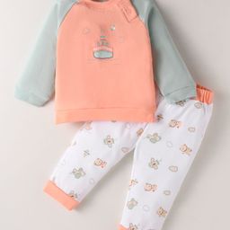 ToffyHouse Interlock Knit Raglan Sleeves T-Shirt & Lounge Pant with Vehicle & Animal Print - Mint Coral White-image-82