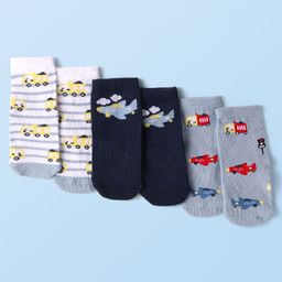 Cute Walk by Babyhug Knit Ankle Length Anti Bacterial Socks with Vehicle Design Pack of 3 - Navy Blue White & Grey-image-66