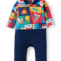 Babyhug Interlock Knit Full Sleeves Romper With Animal Print - Navy Blue-image-61