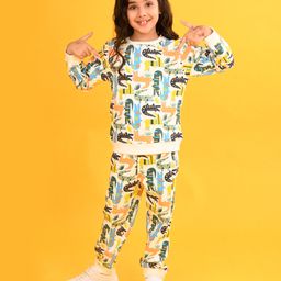 Anthrilo Fleece Full Sleeves Crocodiles Printed Coordinating Sweatshirt & Joggers Set - White-22