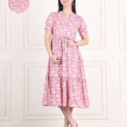 Moms Maternity Half Sleeves Floral Printed Maternity Midi Dress With Zipperless Nursing Access - Pink-image-33