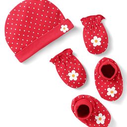 Babyhug 100% Cotton Knit Cap Mittens & Booties With Polka Dot & Floral Print - Red-picture-28