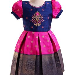 Enfance Half Puffed Sleeves Beads Embellished & Embroidered Banarasi Printed Pattu Pavdai Dress - Navy Blue-image-68