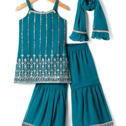 Babyhug Woven Sleeveless Georgette Embroidered Kurti Gharara with Dupatta - Teal Blue-image-72