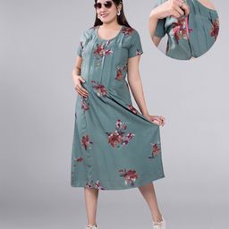 Mamma's Maternity Rayon Short Sleeves Floral Printed Maternity Dress With Nursing Access - Green-image-47