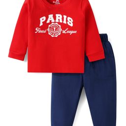 Doodle Poodle 100% Cotton Knit Full Sleeves T-Shirt & Lounge Pant Set With Paris Print - Red & Navy Blue-image-61
