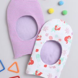BUMZEE Interlock Knit Monkey Caps With Striped & Mermaid Print Pack Of 2 White & Lavender - Diameter 11 cm-image-88