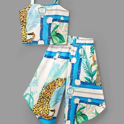 Ollington St. Woven Co-ords Set Sleeveless Printed Top & Culotteswith Leopard Print - Light Blue-image-4