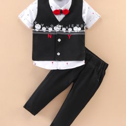 Dapper Dudes Half Sleeves Palm Trees Printed Shirt With Waistcoat Bow & Pant Set - Dark Grey-picture-22