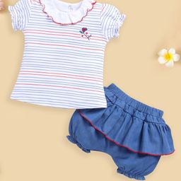 BABY GO Cotton Half Puffed Sleeves Striped & Frill Detailed Tee & Shorts Set - Blue-image-63