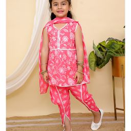 AJ Dezines Cotton Sleeveless Floral Printed Kurti & Dhoti Style Pant With Dupatta Set - Pink-image-39