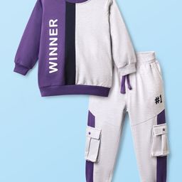 Mark & Mia Terry Knit Full Sleeves Cut & Sew Text Printed Winter Wear Suit with Cargo Pockets - Purple-image-78