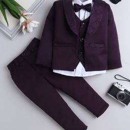 Fourfolds Cotton Full Sleeves Rhinestone Embellished 3 Piece Party Suit With Bow Set - Purple-image-45
