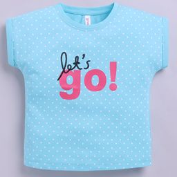 giniekids Pure Cotton Sleeveless Polka Dots & Lets Go Text Printed Top - Aqua Blue-image-2