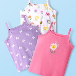 Babyhug 100% Cotton Singler Jersey Knit Antibacterial Slips with Butterfly & Floral Print Pack of 3 - Pink White & Lilac-picture-43