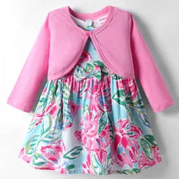 Babyhug 100% Cotton Full Sleeves Jacket With Floral Printed Frock with Bow Applique - Pink-picture-46