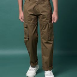 CRIMSOUNE CLUB Cotton Woven Solid Cargo Trousers - Brown-image-98
