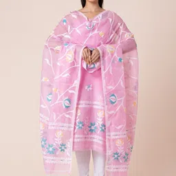 Durga Handlooms Jamdani Woven Design Zari Pure Cotton Unstitched Kurti Material with Dupatta-picture-42