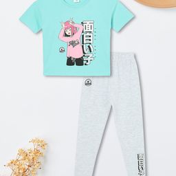 max Girls Printed Round Neck Short Sleeves Pure Cotton T-shirt With Legging-picture-19