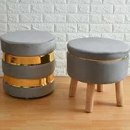 Shadowkart 2Pc Grey Wooden Mudda Pouffe Ottoman-image-3