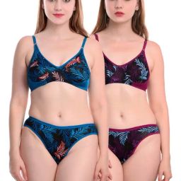 AROUSY Blue & Purple Cotton Printed Bra Panty Set - Pack Of 2-image-56