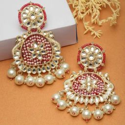 Zeneme Gold Plated Kundan & Red Pearls Studded Round Mirror Dangler Earrings-11