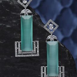 Zeneme Rhodium Plated Green AD Studded Geometric Drop Earrings-11