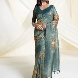 Soch Teal Chanderi Floral Saree with Unstitched Blouse-picture-0