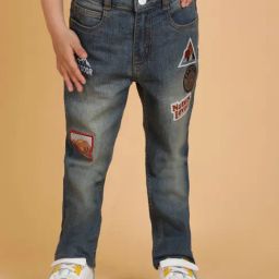 Tales & Stories Boys Khaki Tint Cotton Embroidered Jeans-picture-14