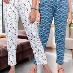 Kryptic Blue & Off White Cotton Relaxed Fit Printed Lounge Pants - Pack of 2-image-72