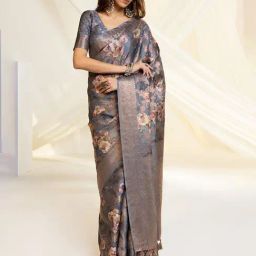 Soch Grey Tussar Floral Saree with Unstitched Blouse-image-32