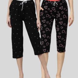 Kryptic Black Elasticated Waist Band Relaxed Fit Printed Cotton Capris - Pack of 2-image-3