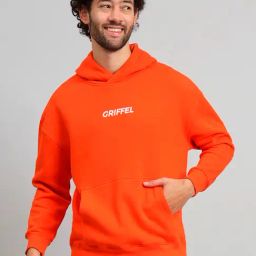 GRIFFEL Orange Loose Fit Logo Print Oversized Hooded Sweatshirt-20