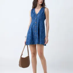 LOV by Westside Dark Blue Floral Design Denim A-Line Dress-picture-40