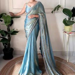 Saree Mall Teal blue Satin Embellished Saree with Blouse Piece-image-42