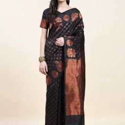 JUST FASHION Black Silk Woven Saree With Unstitched Blouse-43