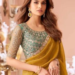Saree Mall Mustard Georgette Embellished Saree with Blouse Piece-image-18
