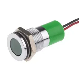 RS PRO Green Panel Mount Indicator 12V DC, Mounting Hole Size 14 mm, Termination Type Lead Wires, IP Rating IP67, Model No 7038920-1