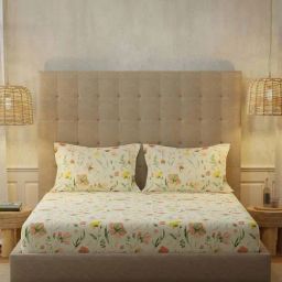 Urban Space New Serene Meadows Buttercream Cotton 200 TC Bedsheet With 2 Pillow Cover-1