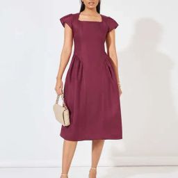 Styli Burgundy Cotton A-Line Dress-image-31