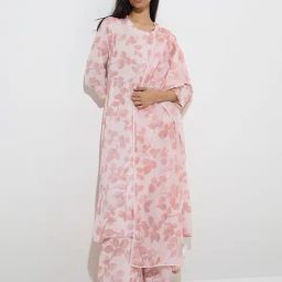 Zuba by Westside Pink Leaf Design A-Line Kurta-image-86