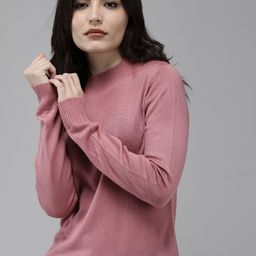 Roadster Women Pink Solid Round Neck Pullover-image-86