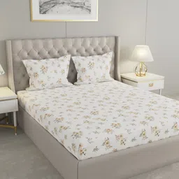 Raymond Home Cream-Coloured & Yellow Floral 200 TC Queen Bedsheet with 2 Pillow Covers-image-24